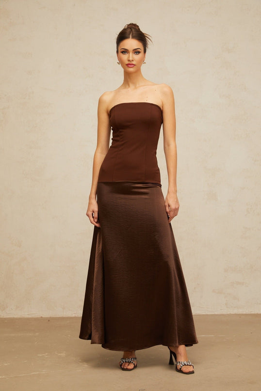 Lilah Brown Maxi Dress satin paneling shirred effect flared hem off-shoulder silhouette fitted waistline sleeveless gown rear zip fastening