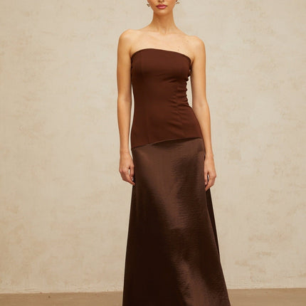 Lilah Brown Maxi Dress Satin Paneling Off-Shoulder Silhouette Fitted Waistline Shirred Effect Flared Hem Sleeveless Gown Rear Zip Fastening 93% Terylene 7% Triacetate Sophisticated Elegance