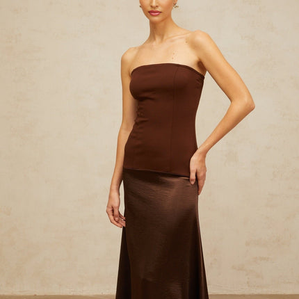 Lilah Brown Maxi Dress Off-Shoulder Satin Paneling Fitted Waistline Shirred Effect Flared Hem Sleeveless Gown Rear Zip Fastening 93% Terylene 7% Triacetate
