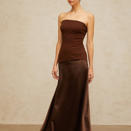 Lilah Brown Maxi Dress for Women: Elegant off-shoulder silhouette with satin paneling and fitted waistline, shirred effect, and flared hem made of 93% Terylene fiber and 7% Triacetate for comfort and sophistication