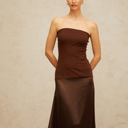 Lilah Brown Satin Off-Shoulder Maxi Dress with Shirred Effect and Flared Hem