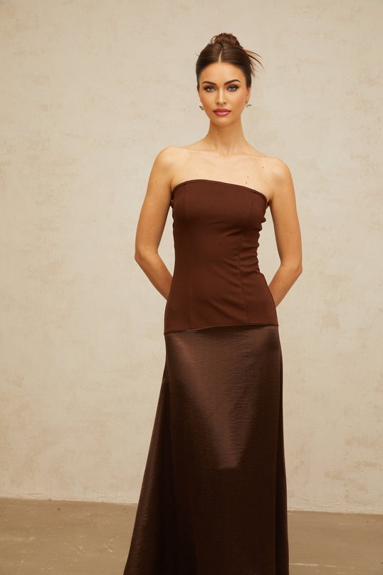 Lilah Brown Satin Off-Shoulder Maxi Dress with Shirred Effect and Flared Hem