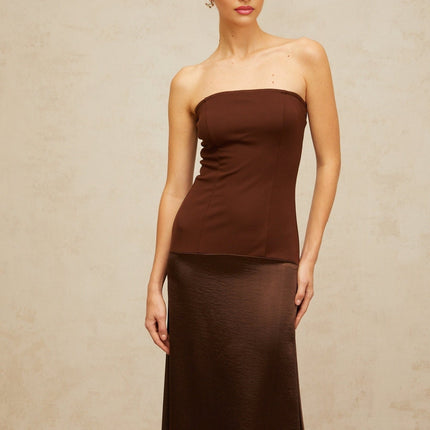 Lilah Brown Satin Paneling Maxi Dress with Shirred Effect and Flared Hem