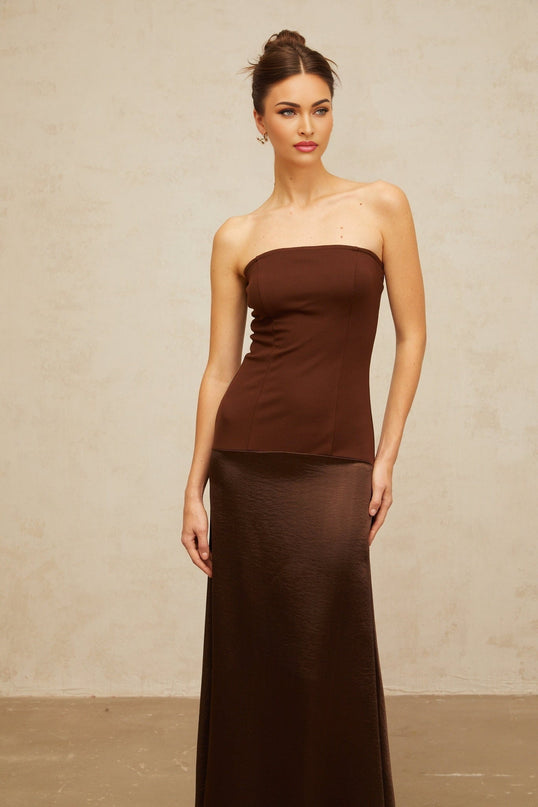 Lilah Brown Satin Paneling Maxi Dress with Shirred Effect and Flared Hem