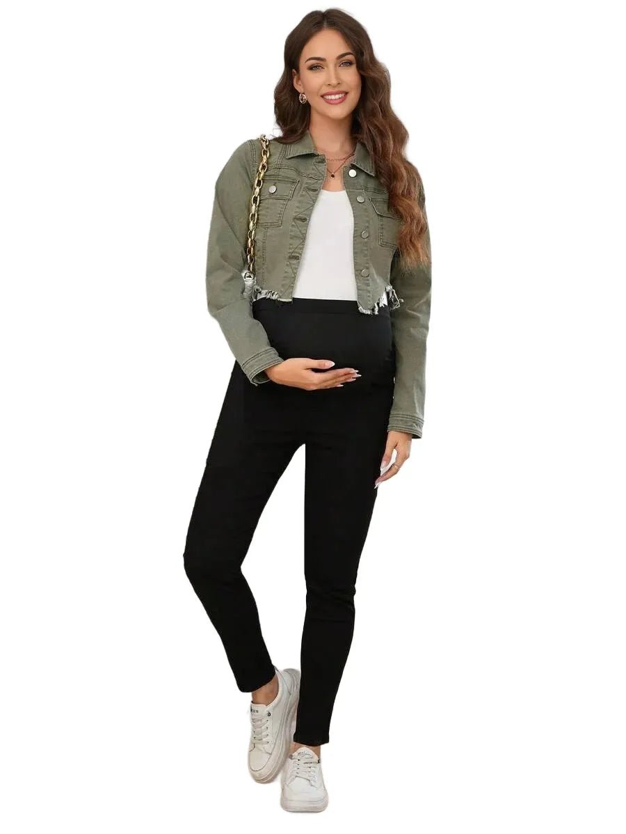 Lilah Cropped Denim Jacket with Frayed Hem in Army Green - S