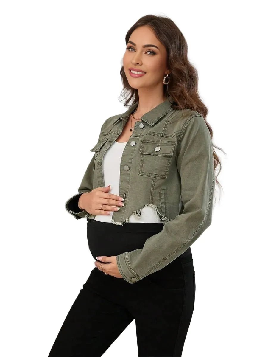 Lilah Cropped Denim Jacket with Frayed Hem in Army Green - S