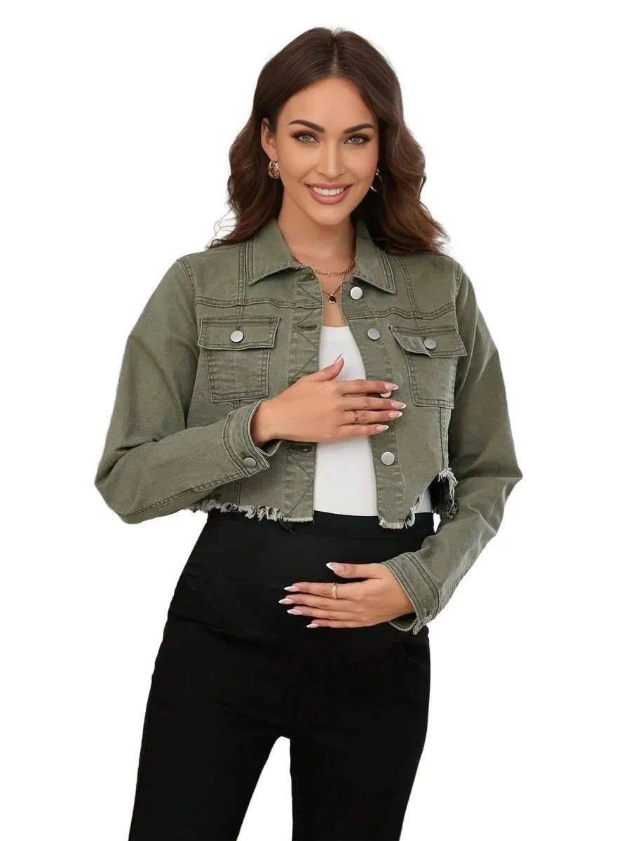 Lilah Cropped Denim Jacket with Frayed Hem in Army Green - S