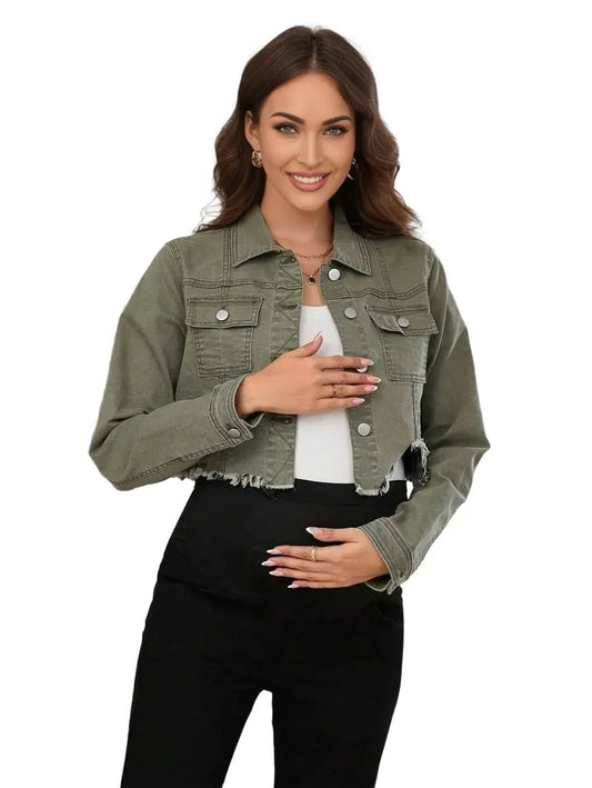Lilah Cropped Denim Jacket with Frayed Hem in Army Green - S