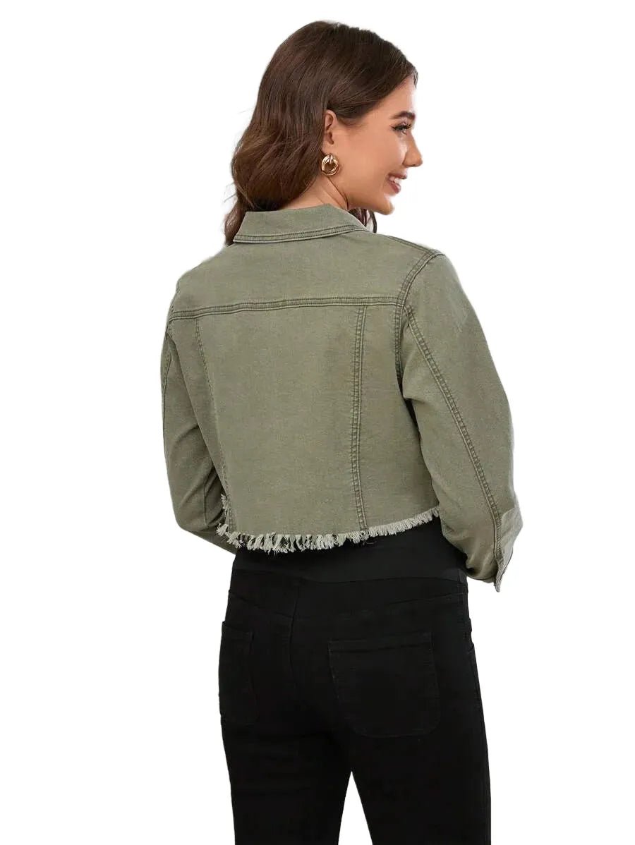 Lilah Cropped Denim Jacket with Frayed Hem in Army Green - S