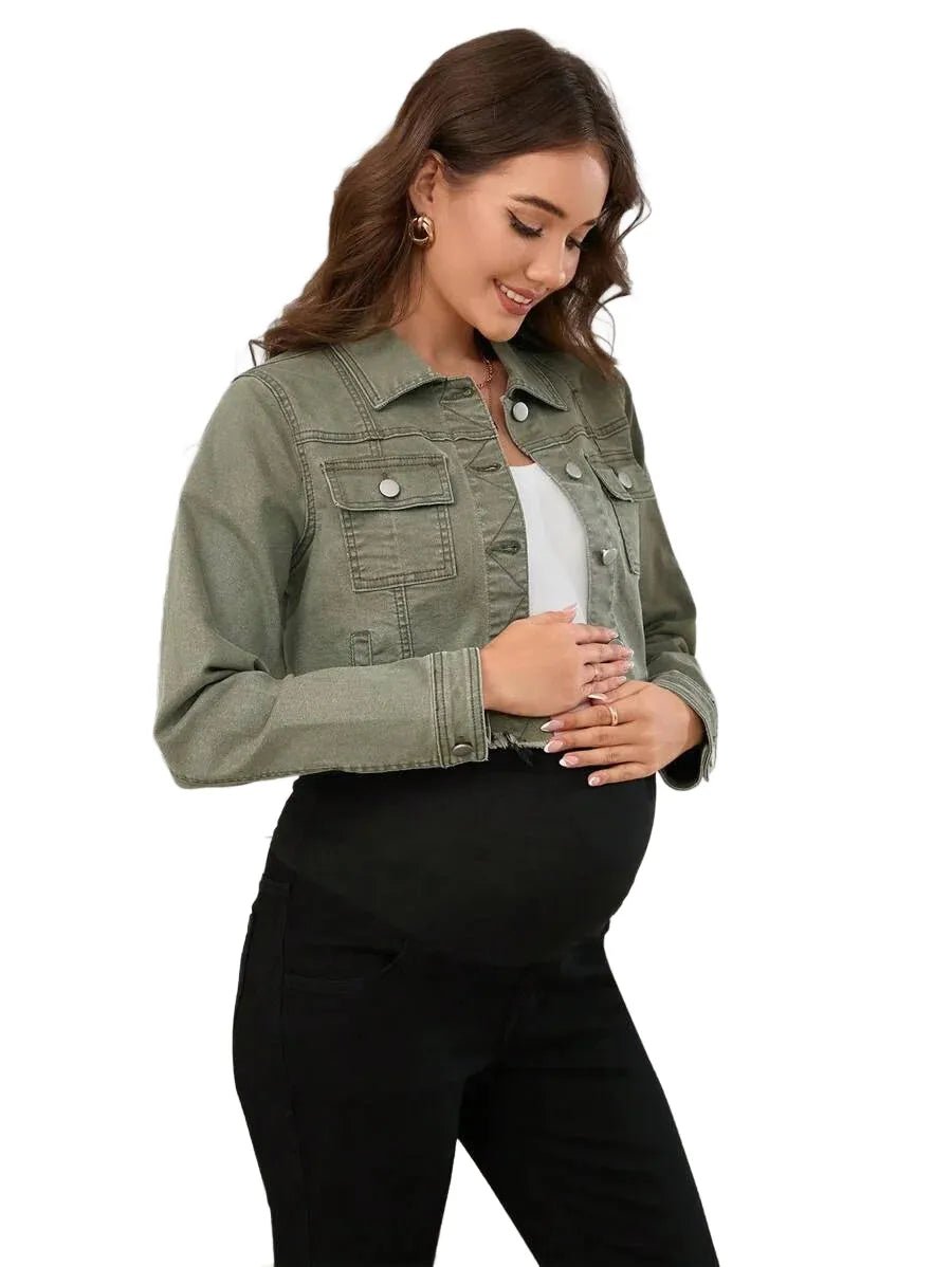 Lilah Cropped Denim Jacket with Frayed Hem in Army Green - S