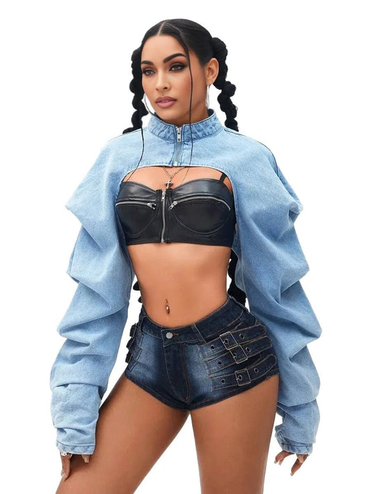 Lilah Cropped Denim Jacket with Modern Design in Blue - XS