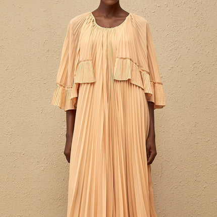 Lilah Midi Dress in Salmon Pink with Cape Design and Ruffled Detailing