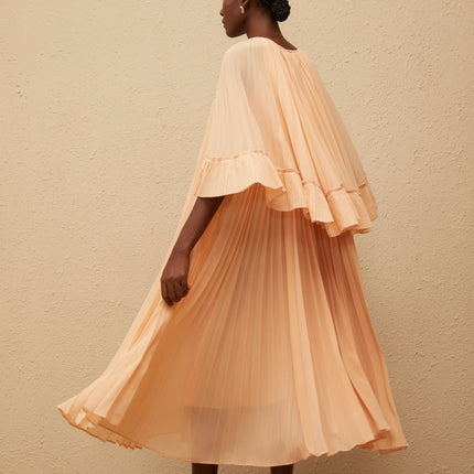 Lilah Midi Dress in Salmon Pink chiffon with cape design and ruffled detailing