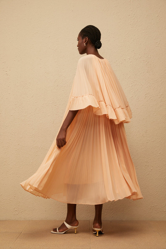 Lilah Midi Dress in Salmon Pink chiffon with cape design and ruffled detailing
