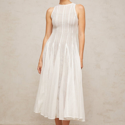 Lilah White Crochet Knit Puff Skirt Midi Dress Godet Design Crew Neck Sleeveless Slip Dress Rear Zip Fastening 95% Terylene 5% Spandex