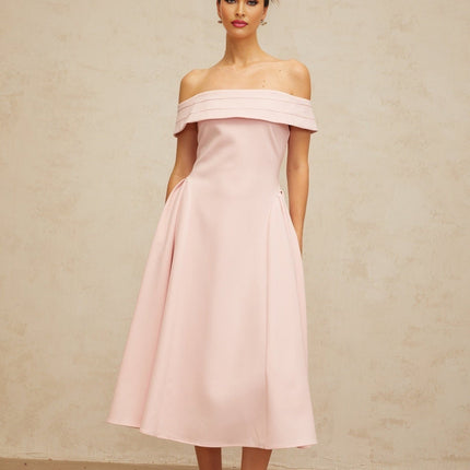Lilah Pink Midi Dress with Off-Shoulder Design and Pleated Detailing