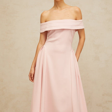 Lilah Pink Off-Shoulder Midi Dress with Pleated Detailing and Side Slit Pockets
