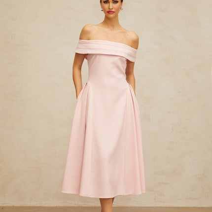 Lilah Pink Off-Shoulder Pleated Midi Dress with Side Slit Pockets and Rear Zip Fastening