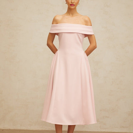 Lilah Pink Off-Shoulder Midi Dress with Pleated Detailing and Side Slit Pockets