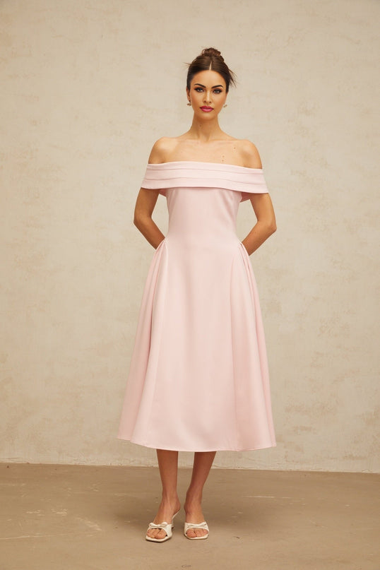 Lilah Pink Off-Shoulder Midi Dress with Pleated Detailing and Side Slit Pockets