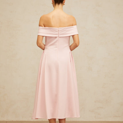 Lilah Pink Off-Shoulder Midi Dress with Pleated Detailing and Side Slit Pockets