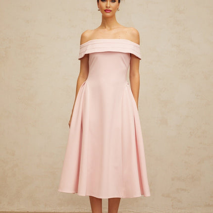Lilah Pink Off-Shoulder Midi Dress with Pleated Detailing and Side Slit Pockets