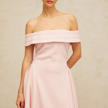 Lilah Pink Off-Shoulder Midi Dress with Pleated Detailing and Side Slit Pockets