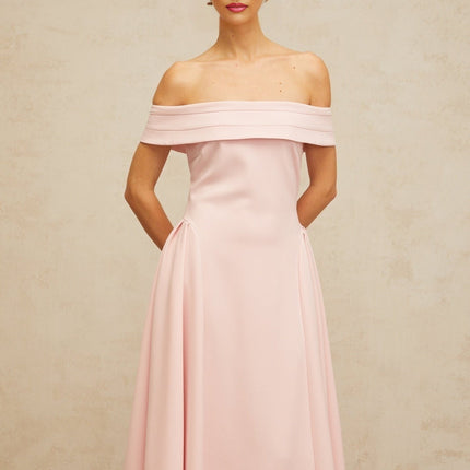 Lilah Pink Off-Shoulder Pleated Midi Dress with Side Slit Pockets and Rear Zip Fastening