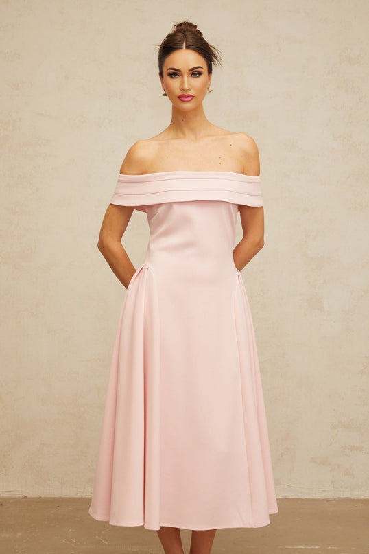 Lilah Pink Off-Shoulder Pleated Midi Dress with Side Slit Pockets and Rear Zip Fastening