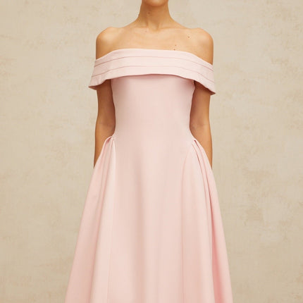 Lilah Pink Midi Dress with Off-Shoulder Design and Pleated Detailing