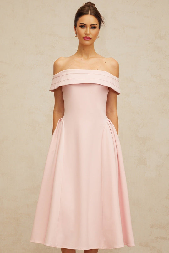 Lilah Pink Midi Dress with Off-Shoulder Design and Pleated Detailing