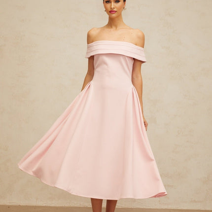 Lilah Pink Off-Shoulder Pleated Midi Dress with Side Slit Pockets