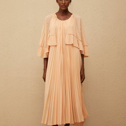 Lilah Salmon Pink Chiffon Midi Dress with Cape Design and Ruffled Detailing