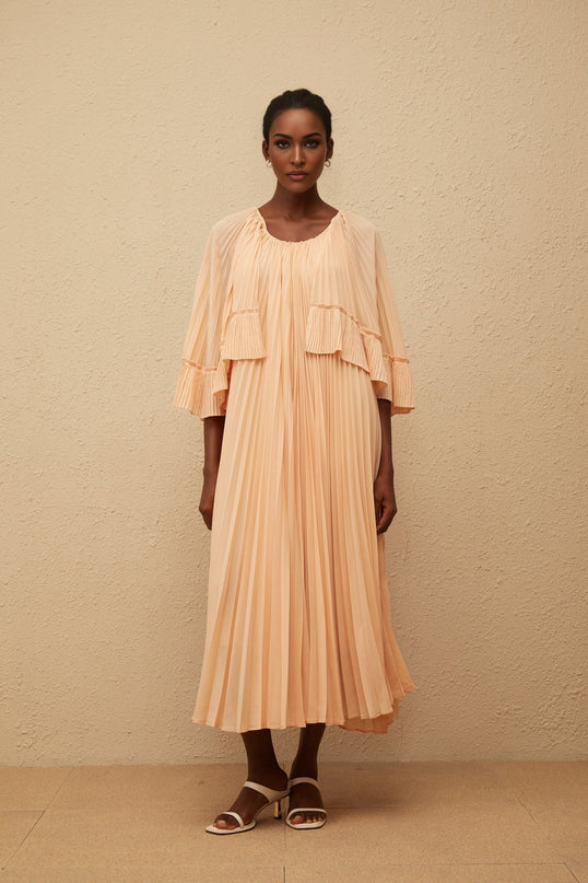 Lilah Salmon Pink Chiffon Midi Dress with Cape Design and Ruffled Detailing