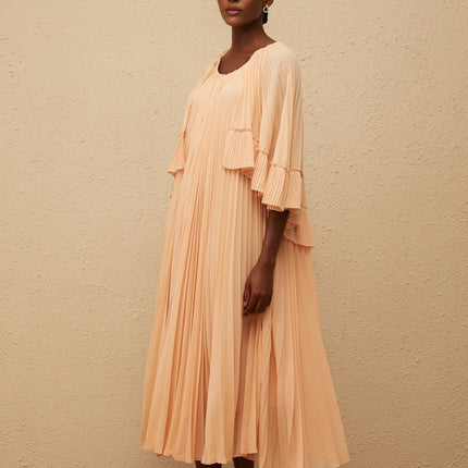 Lilah Salmon Pink Chiffon Cape Midi Dress with Ruffled Detailing and Scalloped Hem