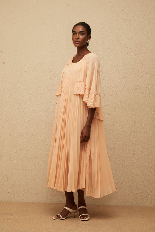 Lilah Salmon Pink Chiffon Cape Midi Dress with Ruffled Detailing and Scalloped Hem