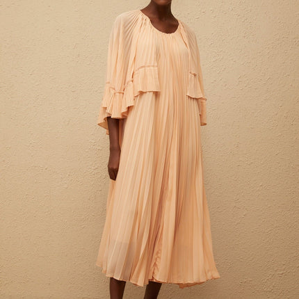 Lilah Salmon Pink Chiffon Midi Dress with Cape Design and Ruffled Detailing