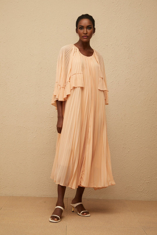 Lilah Salmon Pink Chiffon Midi Dress with Cape Design and Ruffled Detailing