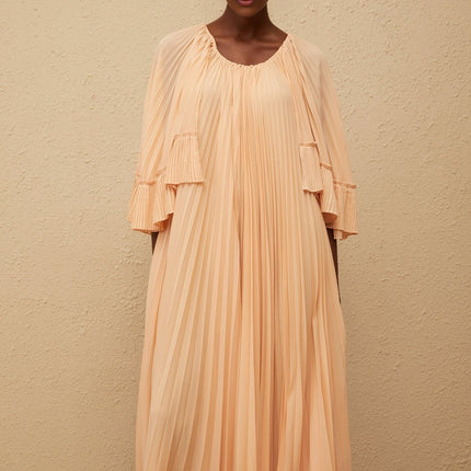 Lilah Salmon Pink Chiffon Midi Dress with Cape Design and Ruffled Detailing