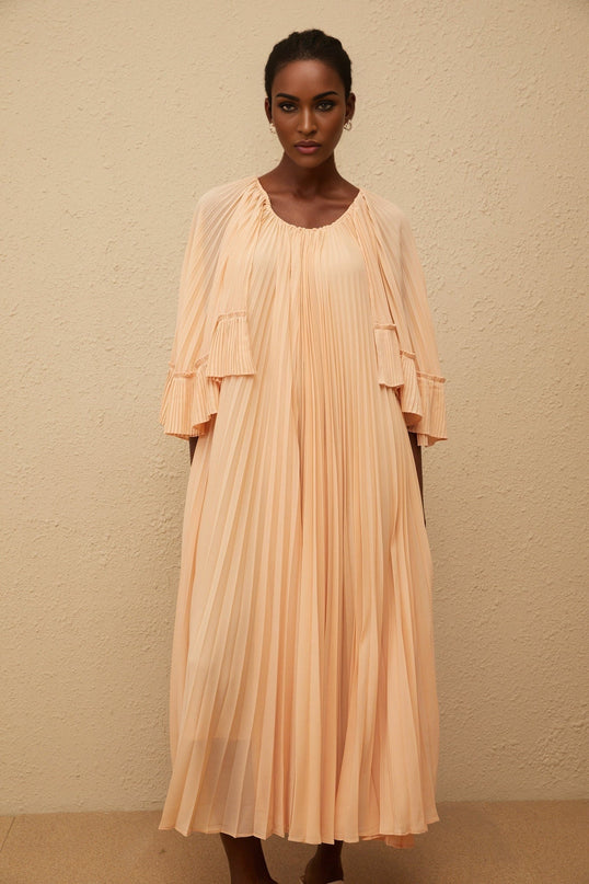 Lilah Salmon Pink Chiffon Midi Dress with Cape Design and Ruffled Detailing