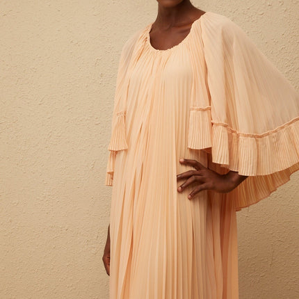 Lilah Salmon Pink Chiffon Midi Dress with Cape Design and Scalloped Hem