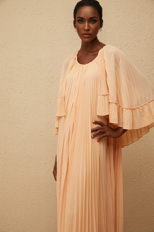Lilah Salmon Pink Chiffon Midi Dress with Cape Design and Scalloped Hem