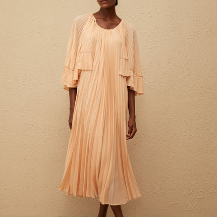 Lilah Salmon Pink Chiffon Midi Dress with Cape Design and Scalloped Hem
