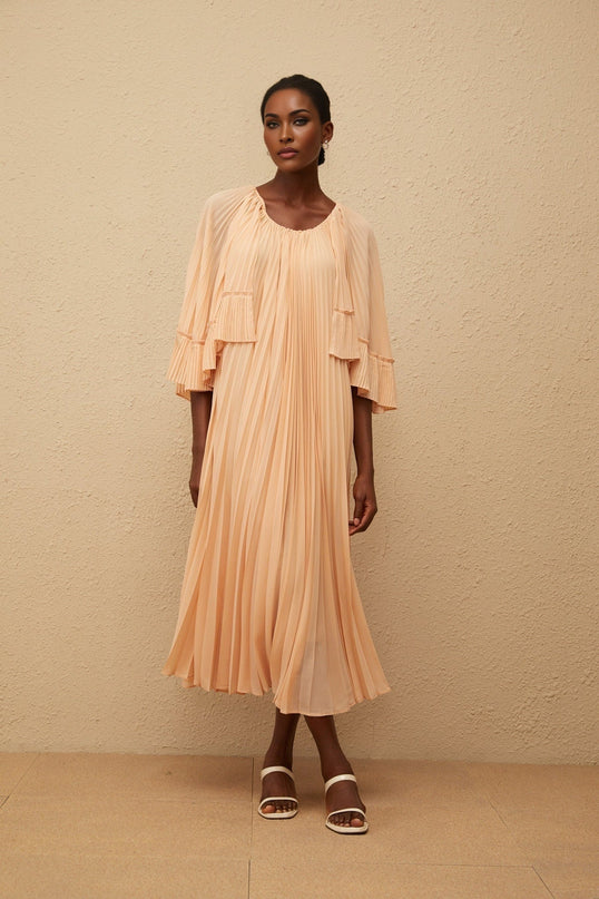 Lilah Salmon Pink Chiffon Midi Dress with Cape Design and Scalloped Hem