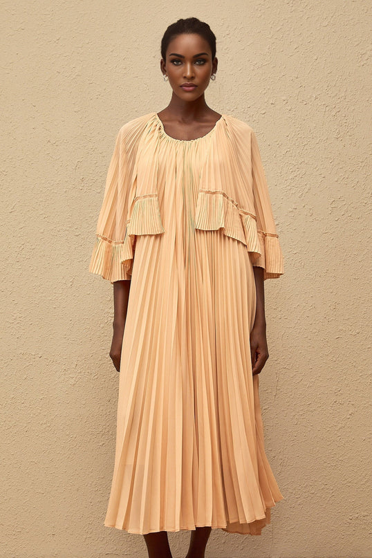 Lilah Salmon Pink Chiffon Midi Dress with Cape Design and Scalloped Hem