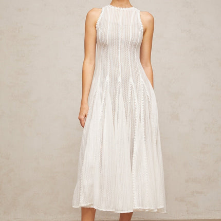 Lilah White Crochet Knit Midi Dress with Puff Skirt and Godet Design