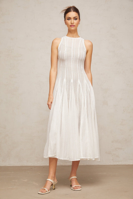 Lilah White Crochet Knit Midi Dress with Puff Skirt and Godet Design