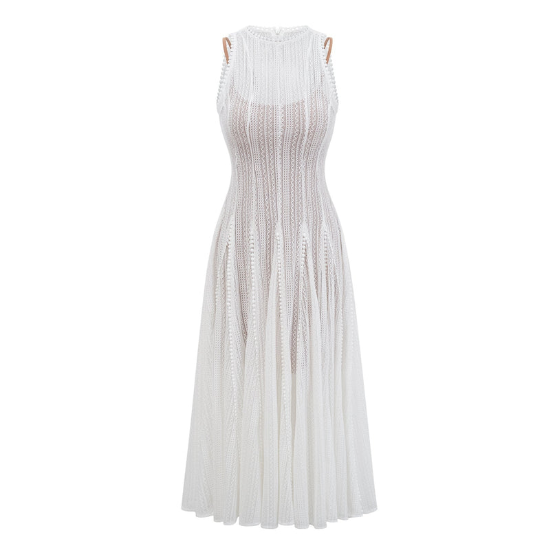 Lilah White Crochet Knit Midi Dress with Puff Skirt and Godet Design