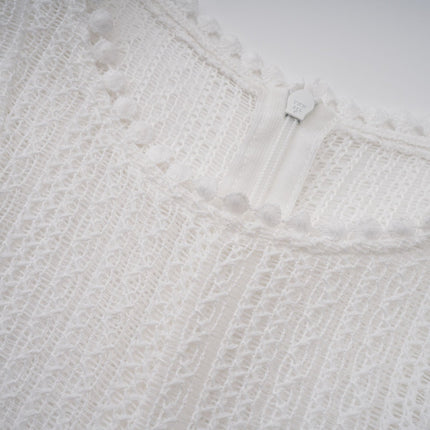 Lilah White Crochet Knit Midi Dress with Puff Skirt and Godet Design