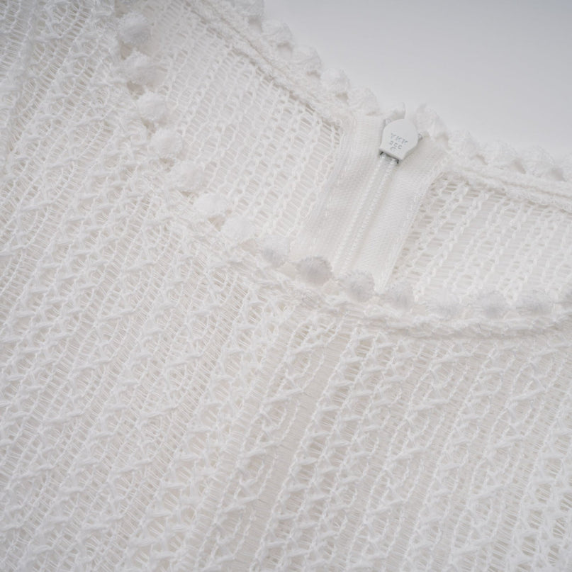 Lilah White Crochet Knit Midi Dress with Puff Skirt and Godet Design